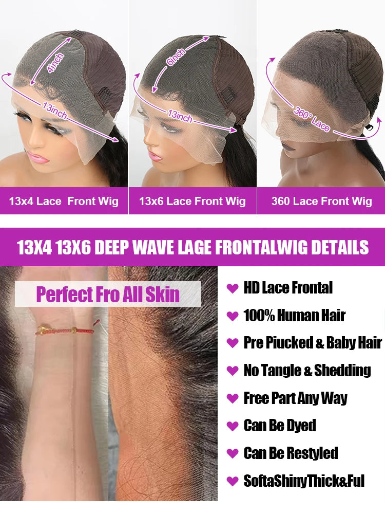 40 46 Inch Deep Wave 13x6 13x4 Hd Lace Front Human Hair Wig 250 Density Water Curly 360 Lace Frontal Wigs Human Hair For Women